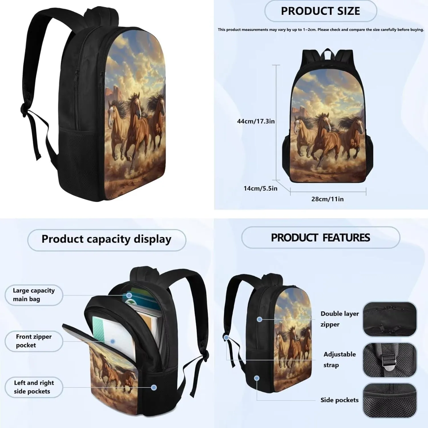 Brown Horse Backpack for Boys Kids Backpack with Lunch Box Water Bottle Holder and Aesthetic Pencil Case 4PCS Set 4th 5th 6th Grade Cute Bookbag 17 inch Kawaii School Bag