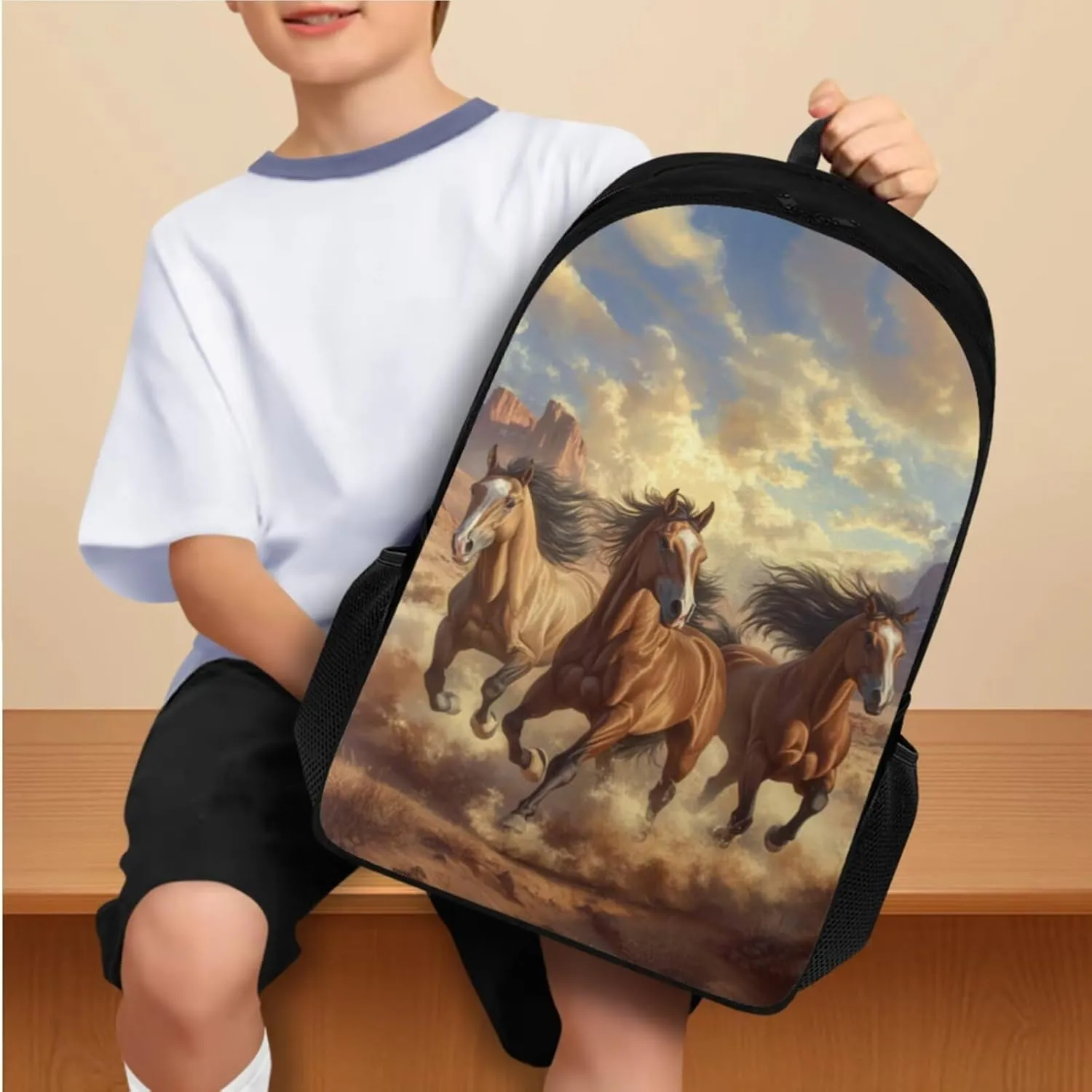 Brown Horse Backpack for Boys Kids Backpack with Lunch Box Water Bottle Holder and Aesthetic Pencil Case 4PCS Set 4th 5th 6th Grade Cute Bookbag 17 inch Kawaii School Bag