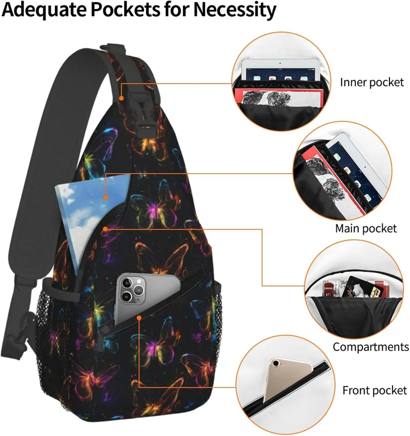 Butterfliy with Glowing Wings Sling Backpack Crossbody Bag, Chest Bag Daypack for Outdoors Hiking Traveling