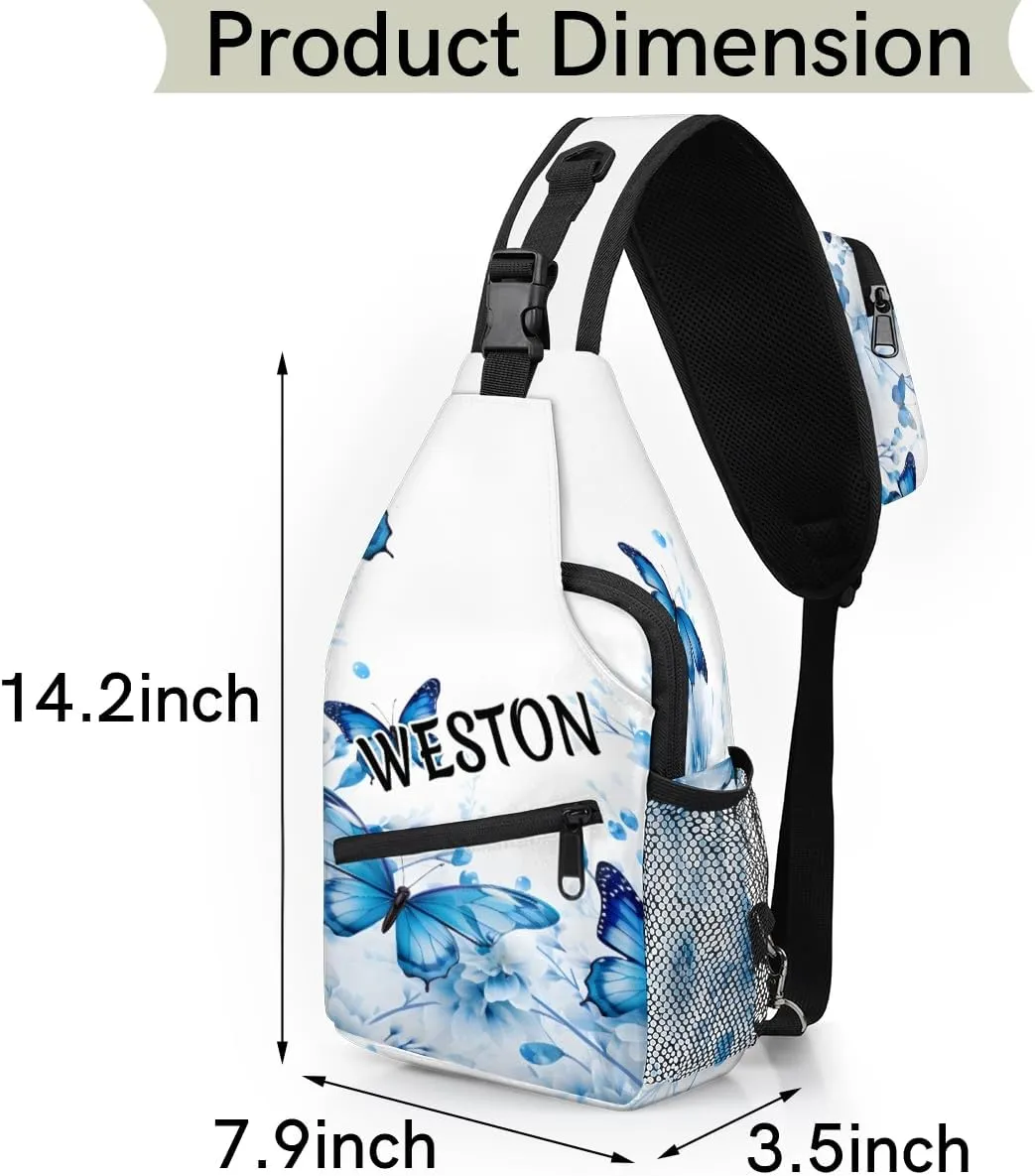 Butterfly Floral Print Custom Sling Bag with name, Personalized Crossbody Sling Backpack for Women Men Outdoor Sports Chest Bag