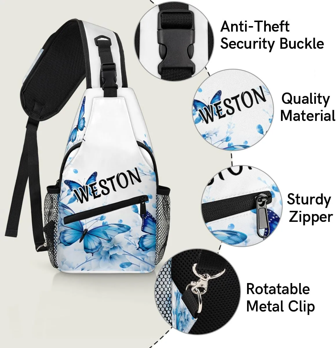 Butterfly Floral Print Custom Sling Bag with name, Personalized Crossbody Sling Backpack for Women Men Outdoor Sports Chest Bag