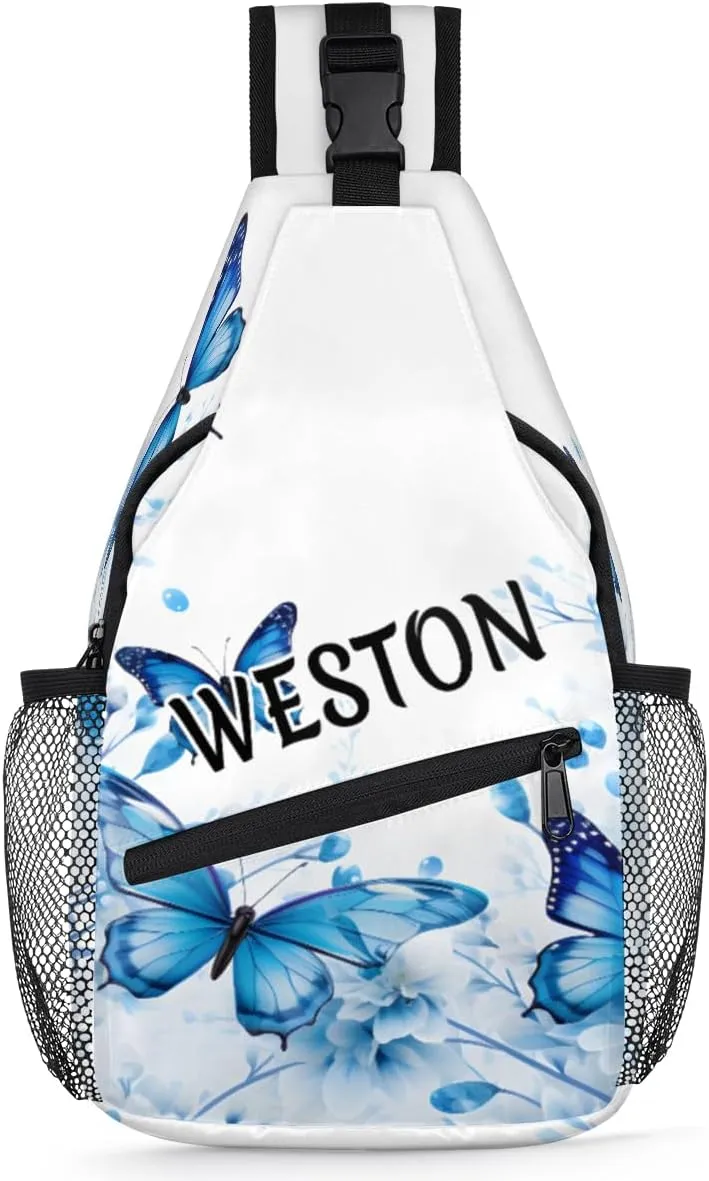 Butterfly Floral Print Custom Sling Bag with name, Personalized Crossbody Sling Backpack for Women Men Outdoor Sports Chest Bag