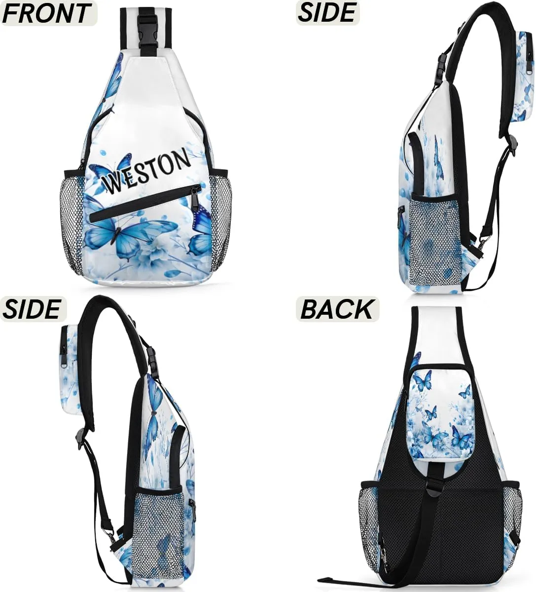 Butterfly Floral Print Custom Sling Bag with name, Personalized Crossbody Sling Backpack for Women Men Outdoor Sports Chest Bag