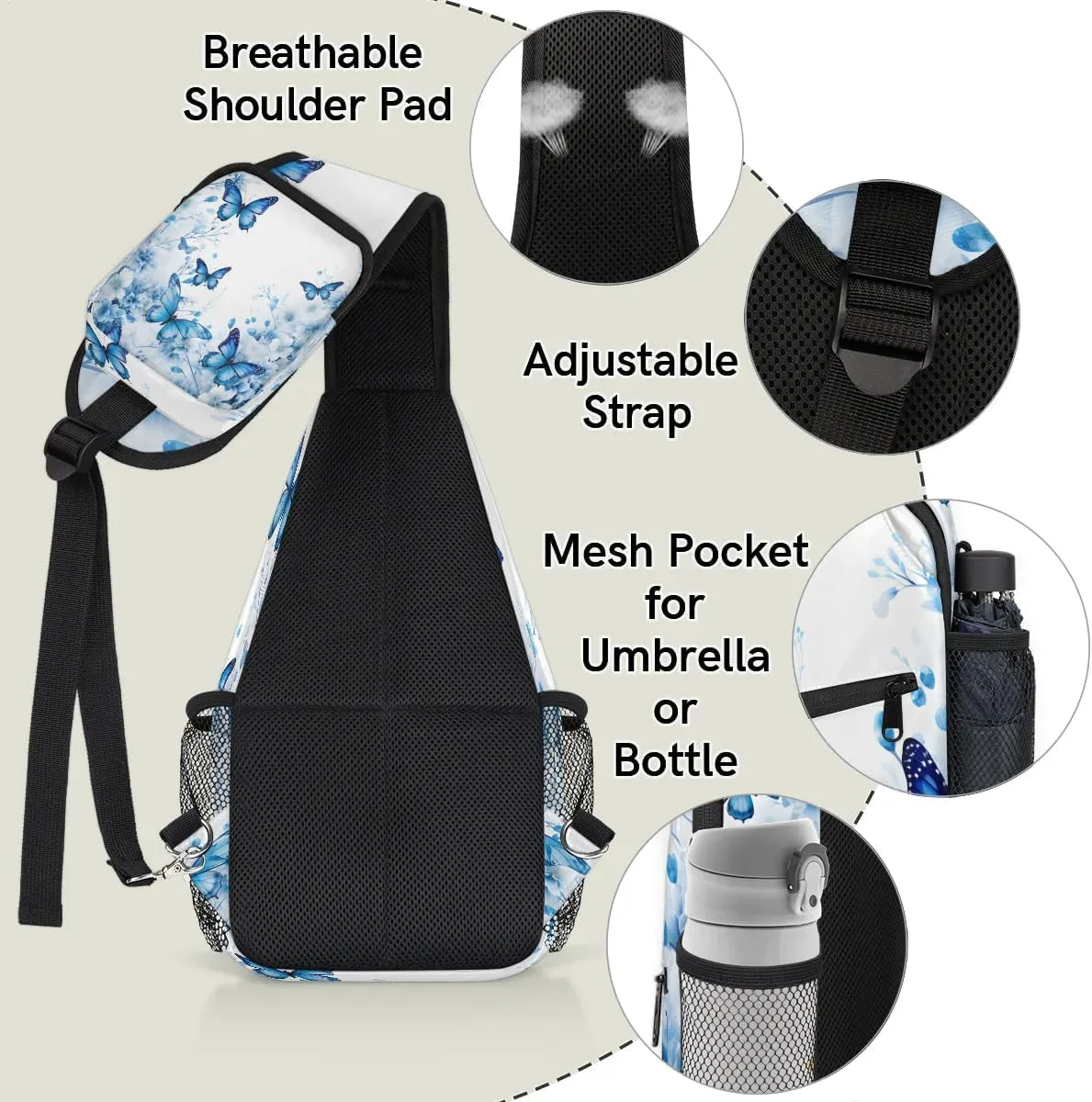 Butterfly Floral Print Sling Bag for Women Men, Waterproof Crossbody Sling Backpack Sports Travel Outdoor Chest Bag