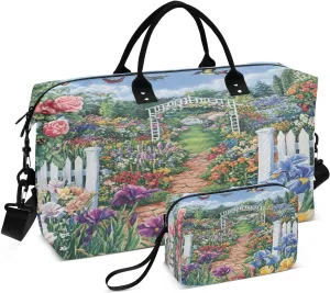 Butterfly Iris Garden Path Sports Gym Bag for Women Men Travel Duffel Bag Weekend Overnight Carry on Bag with Toiletry Bag Training Handbag for Yoga Workout Swimming Hospital Plane