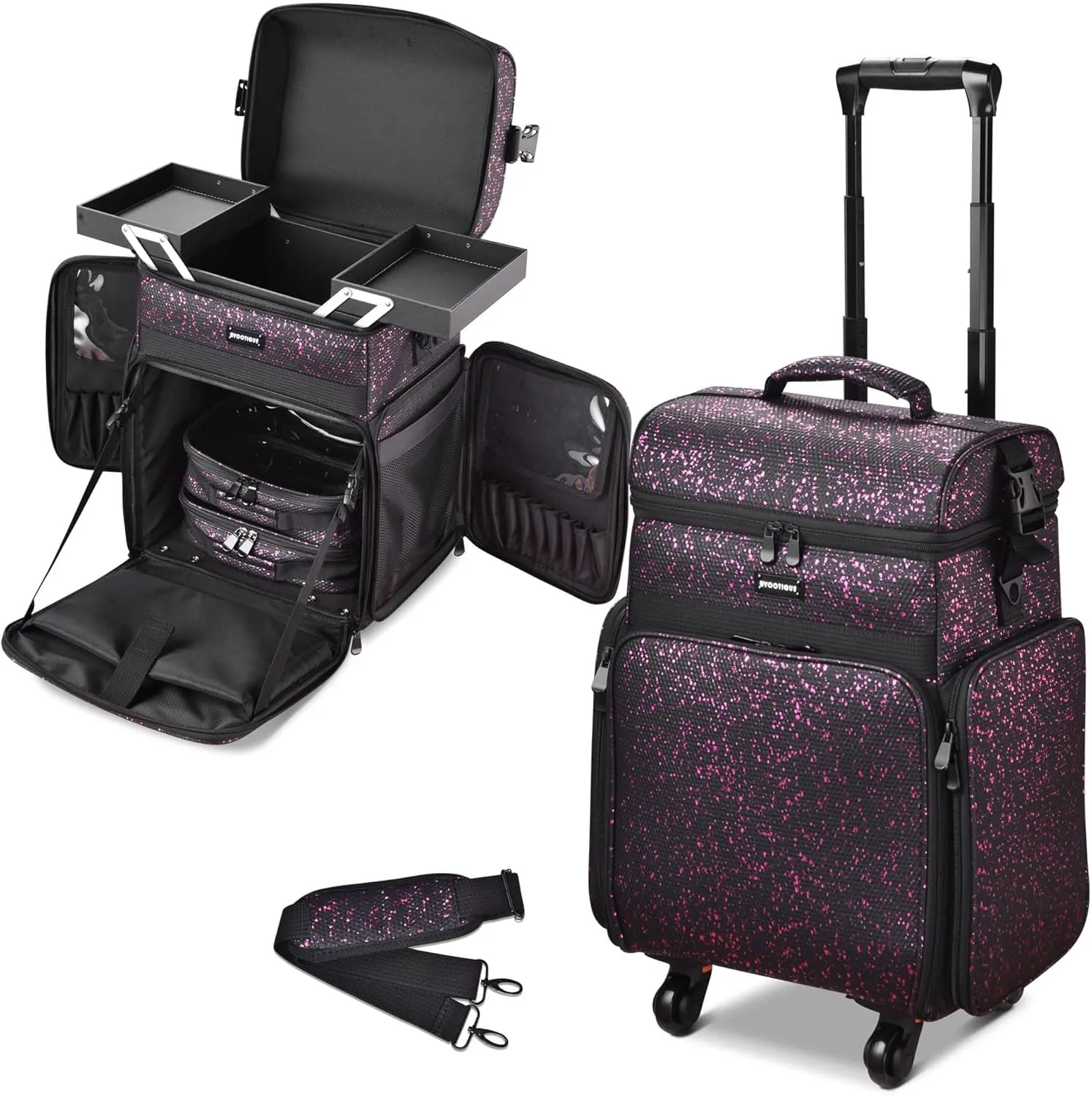 BYOOTIQUE Soft Sided Rolling Makeup Train Case Cosmetic Organizer Crocodile Makeup Case Trolley for Makeup Artist Nail Technician Hairstylist Crafters with Detachable Pouch & Shoulder Strap,Purple