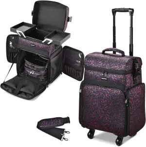 BYOOTIQUE Soft Sided Rolling Makeup Train Case Cosmetic Organizer Crocodile Makeup Case Trolley for Makeup Artist Nail Technician Hairstylist Crafters with Detachable Pouch & Shoulder Strap,Purple