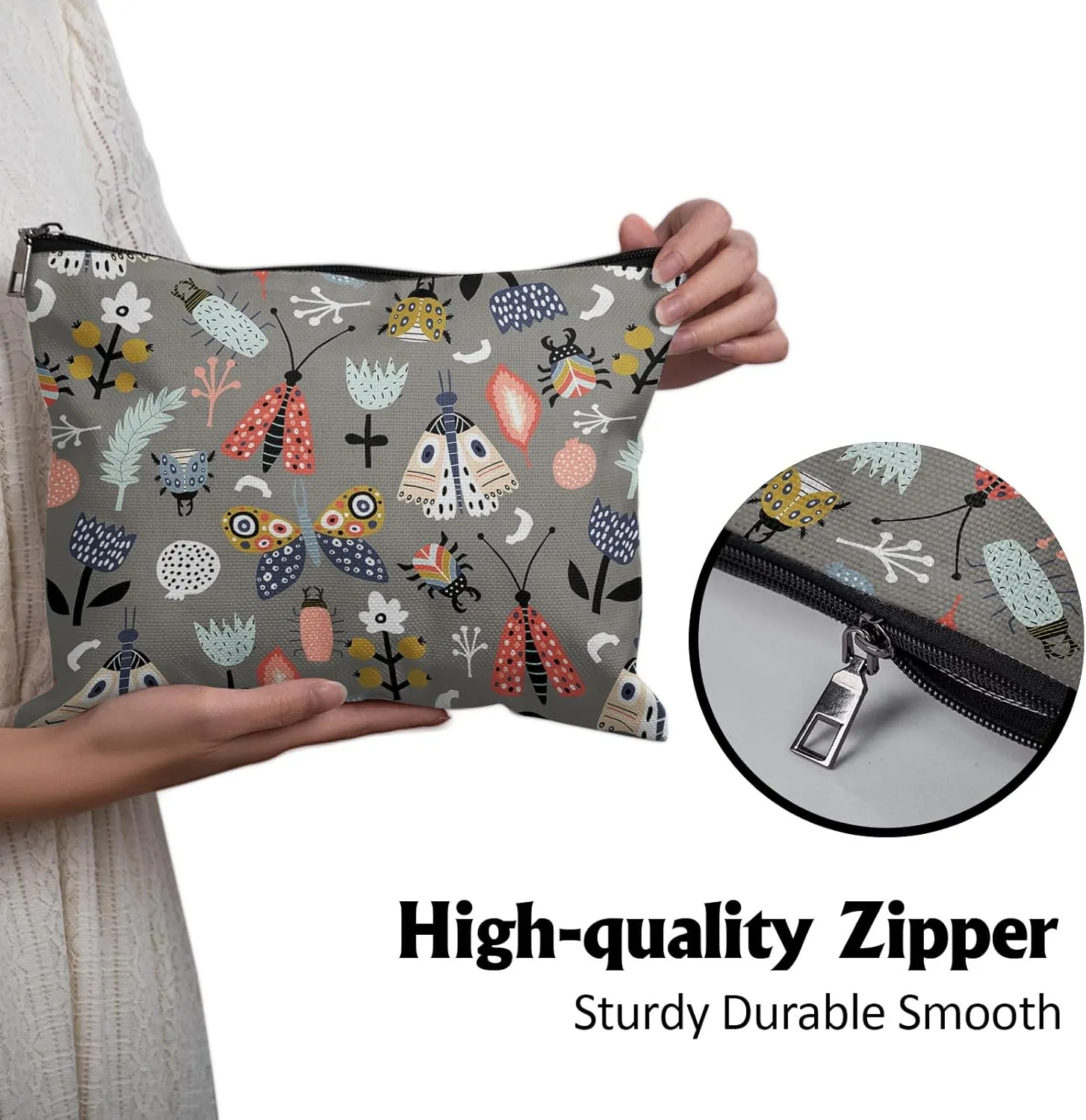Cafl Flowers Moth Makeup Bag Butterfly Leaves Cosmetic Bag for Women Large Capacity Travel Toiletry Accessories Organizer 10 * 8in