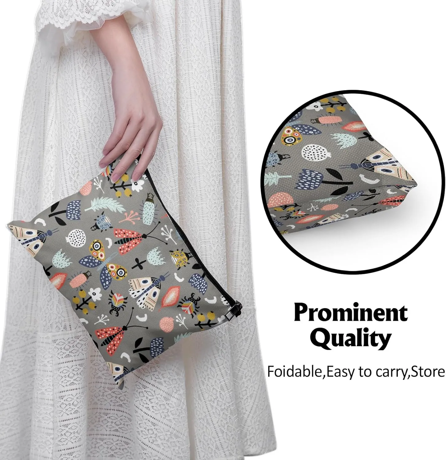 Cafl Flowers Moth Makeup Bag Butterfly Leaves Cosmetic Bag for Women Large Capacity Travel Toiletry Accessories Organizer 10 * 8in