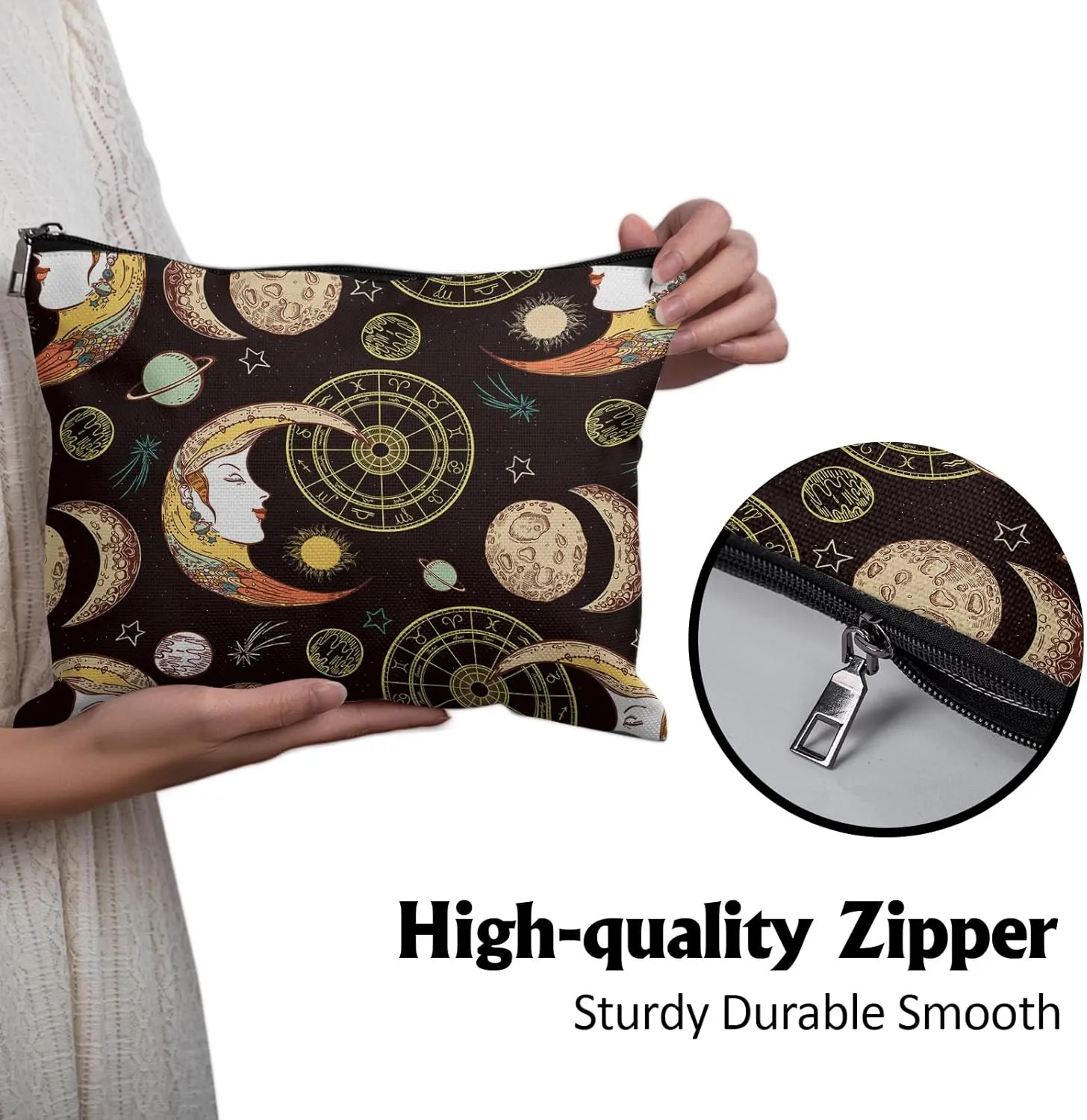 Cafl Moon Sun Crescent Makeup Bag Esoteric Zodiac Cosmetic Bag for Women Large Capacity Travel Toiletry Accessories Organizer 10 * 8in