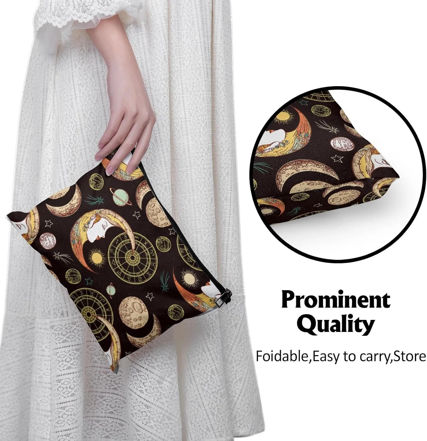 Cafl Moon Sun Crescent Makeup Bag Esoteric Zodiac Cosmetic Bag for Women Large Capacity Travel Toiletry Accessories Organizer 10 * 8in
