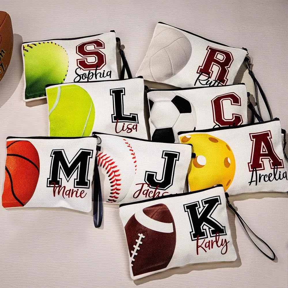 callie Personalized Sport Cosmetic Bag with Initial Name, Custom Linen Travel Makeup Bag for Purse, Softball Baseball Football Gifts for Women, Girls, Sport Lovers, 1 Pack