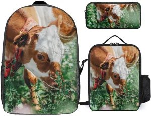 Calves Cow Field Backpack with Lunch Box And Pencil Case Set Farm Cattle Calf Travel Daypack Bookbag for Men Women Laptop Backpack 3pcs