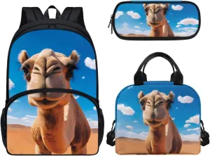Camel Printed Backpack for Kids Girls Boys School Bags Teen Bookbags Set School Backpack with Lunch Box and Pencil Case Anti-Wear Easy Clean