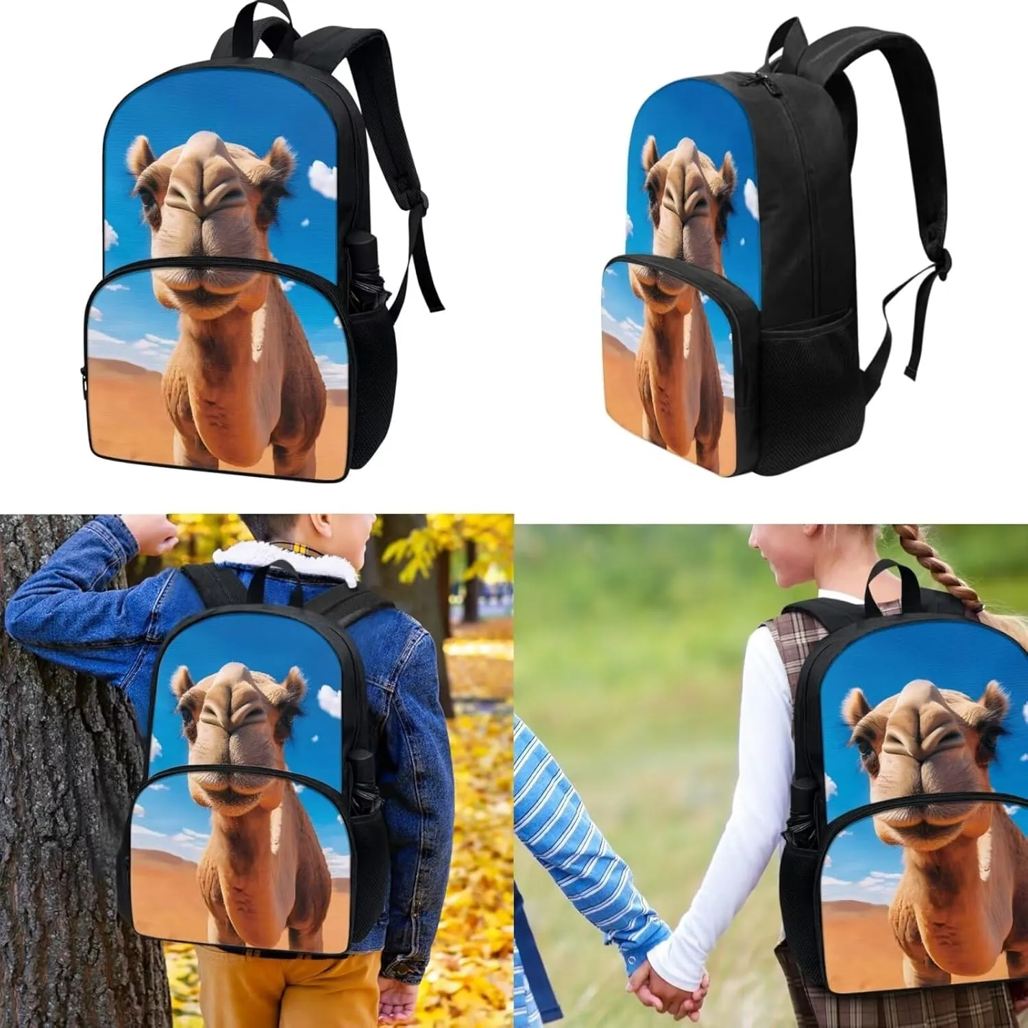 Camel Printed Backpack for Kids Girls Boys School Bags Teen Bookbags Set School Backpack with Lunch Box and Pencil Case Anti-Wear Easy Clean