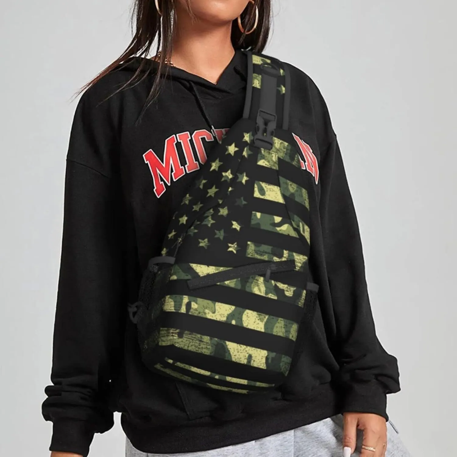 Camo American Flag Sling Backpack Crossbody Sling Bag for Women Men Shoulder Bag Travel Hiking Daypack
