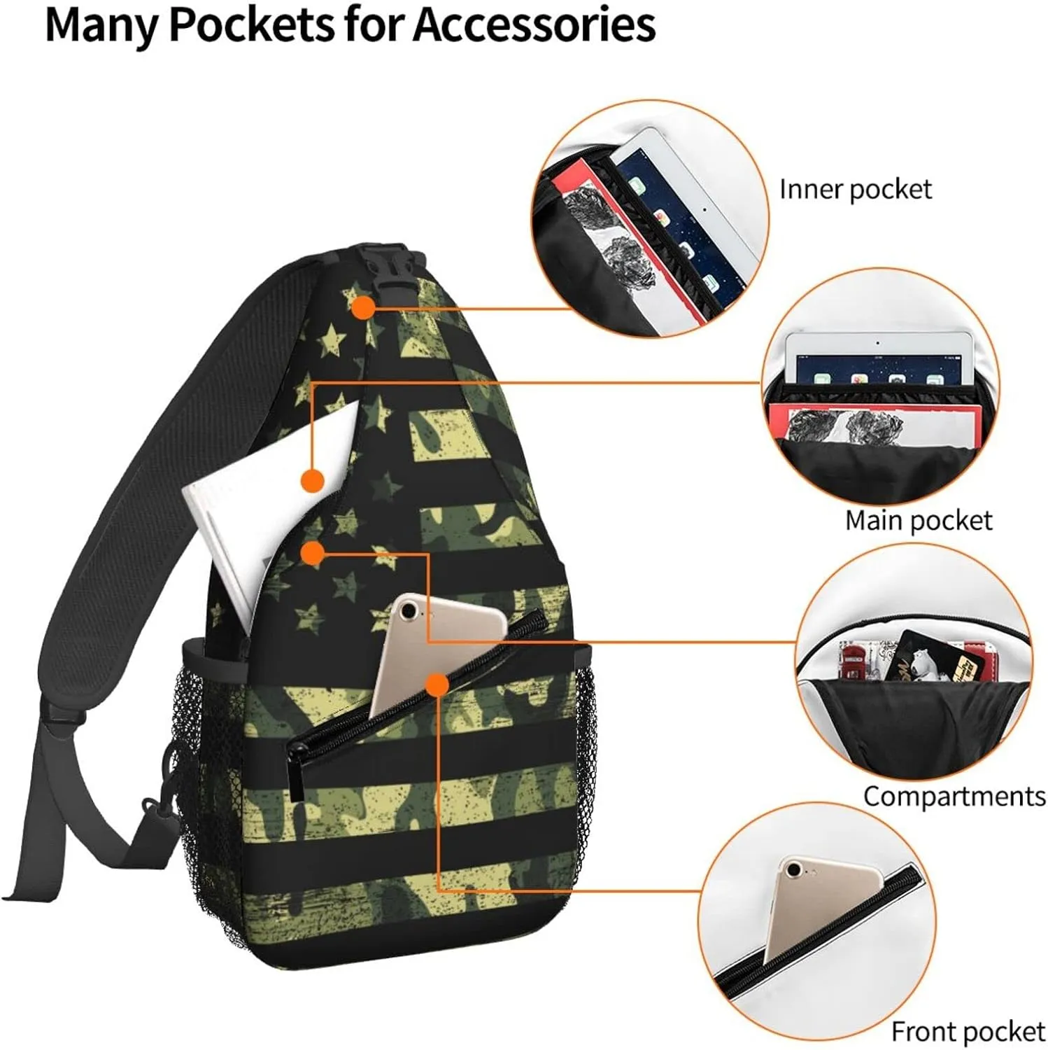 Camo American Flag Sling Backpack Crossbody Sling Bag for Women Men Shoulder Bag Travel Hiking Daypack