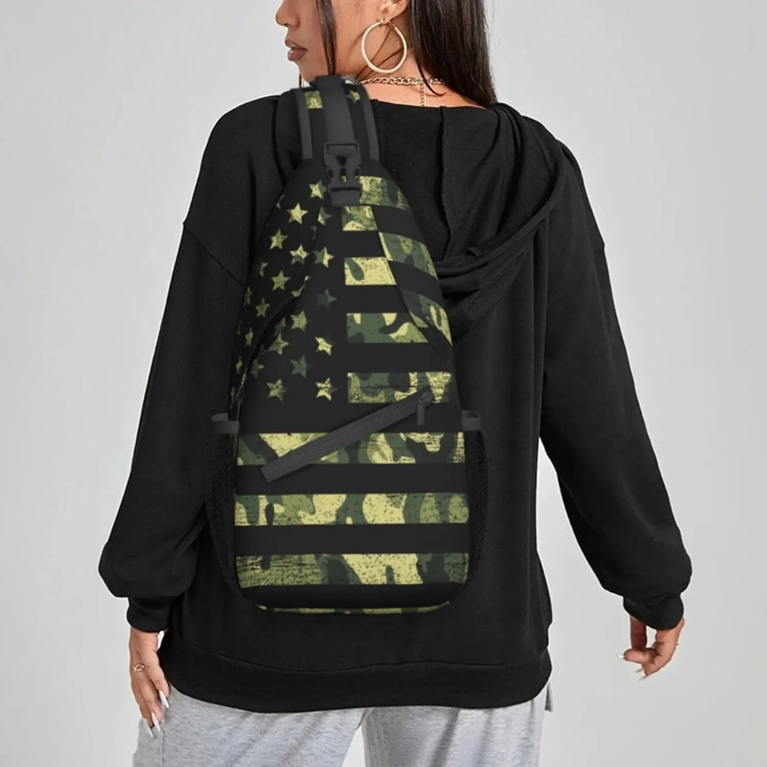 Camo American Flag Sling Backpack Crossbody Sling Bag for Women Men Shoulder Bag Travel Hiking Daypack