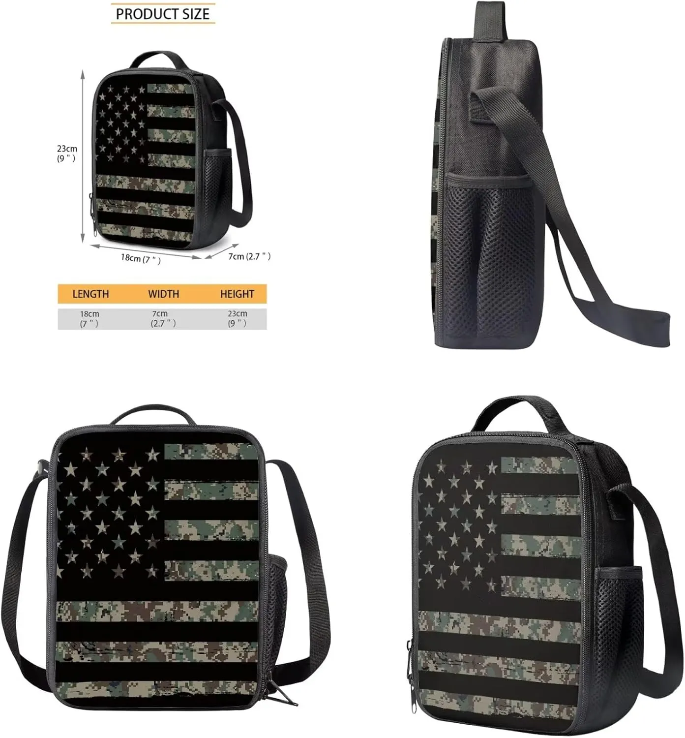 Camo Backpack for Boys with American Flag 4PCS Lightweight Kids Bookbag with Lunch Box 17 Inch Large Capacity Teens School Bags 10-12 Years Old for School Travel Daypack