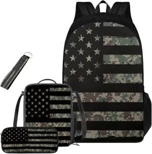 Camo Backpack for Boys with American Flag 4PCS Lightweight Kids Bookbag with Lunch Box 17 Inch Large Capacity Teens School Bags 10-12 Years Old for School Travel Daypack