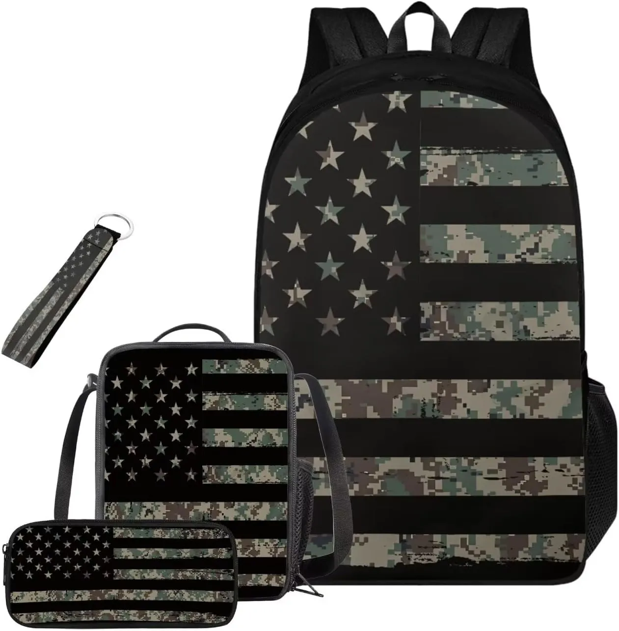 Camo Backpack for Boys with American Flag 4PCS Lightweight Kids Bookbag with Lunch Box 17 Inch Large Capacity Teens School Bags 10-12 Years Old for School Travel Daypack