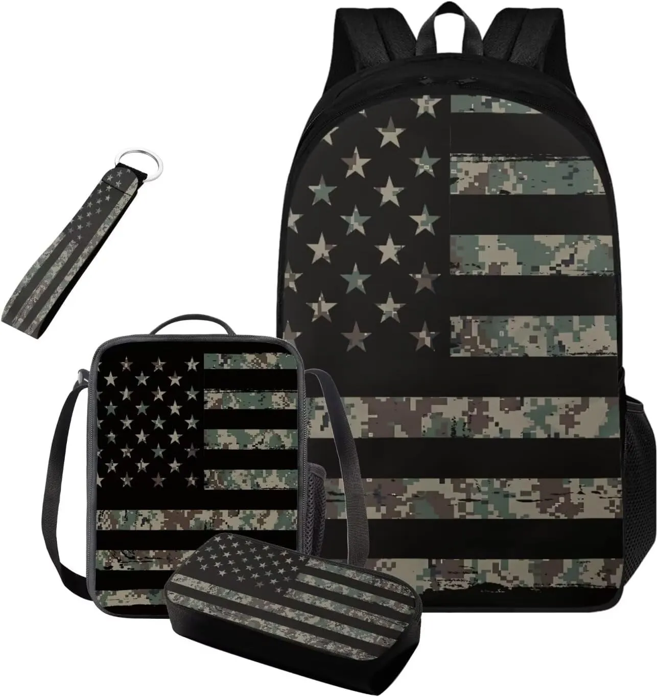 Camo Backpack for Boys with American Flag 4PCS Lightweight Kids Bookbag with Lunch Box 17 Inch Large Capacity Teens School Bags 10-12 Years Old for School Travel Daypack
