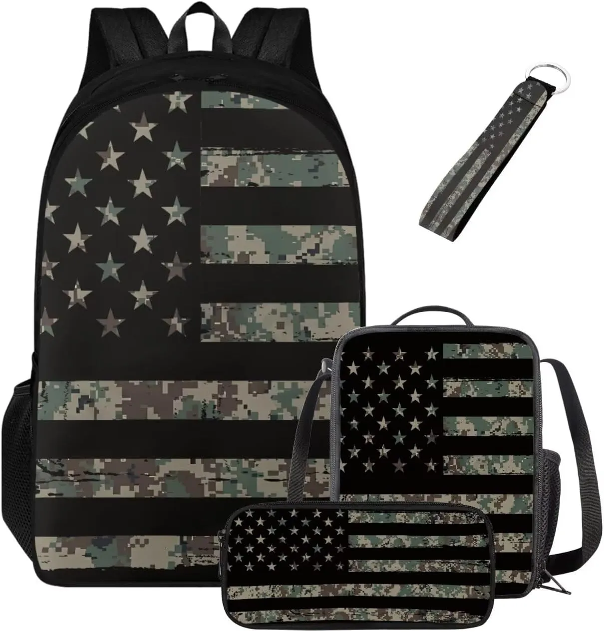 Camo Backpack for Boys with American Flag 4PCS Lightweight Kids Bookbag with Lunch Box 17 Inch Large Capacity Teens School Bags 10-12 Years Old for School Travel Daypack