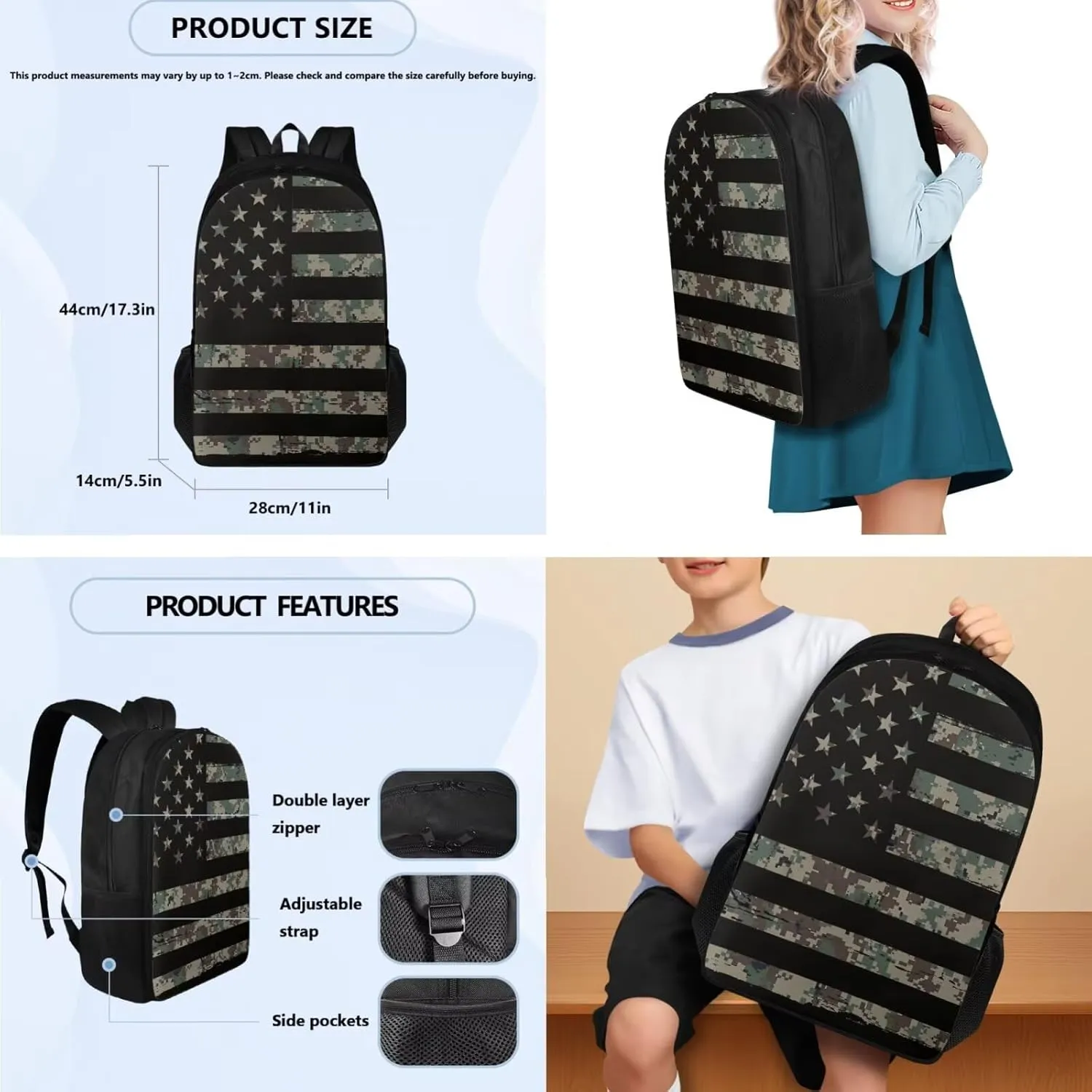 Camo Backpack for Boys with American Flag 4PCS Lightweight Kids Bookbag with Lunch Box 17 Inch Large Capacity Teens School Bags 10-12 Years Old for School Travel Daypack