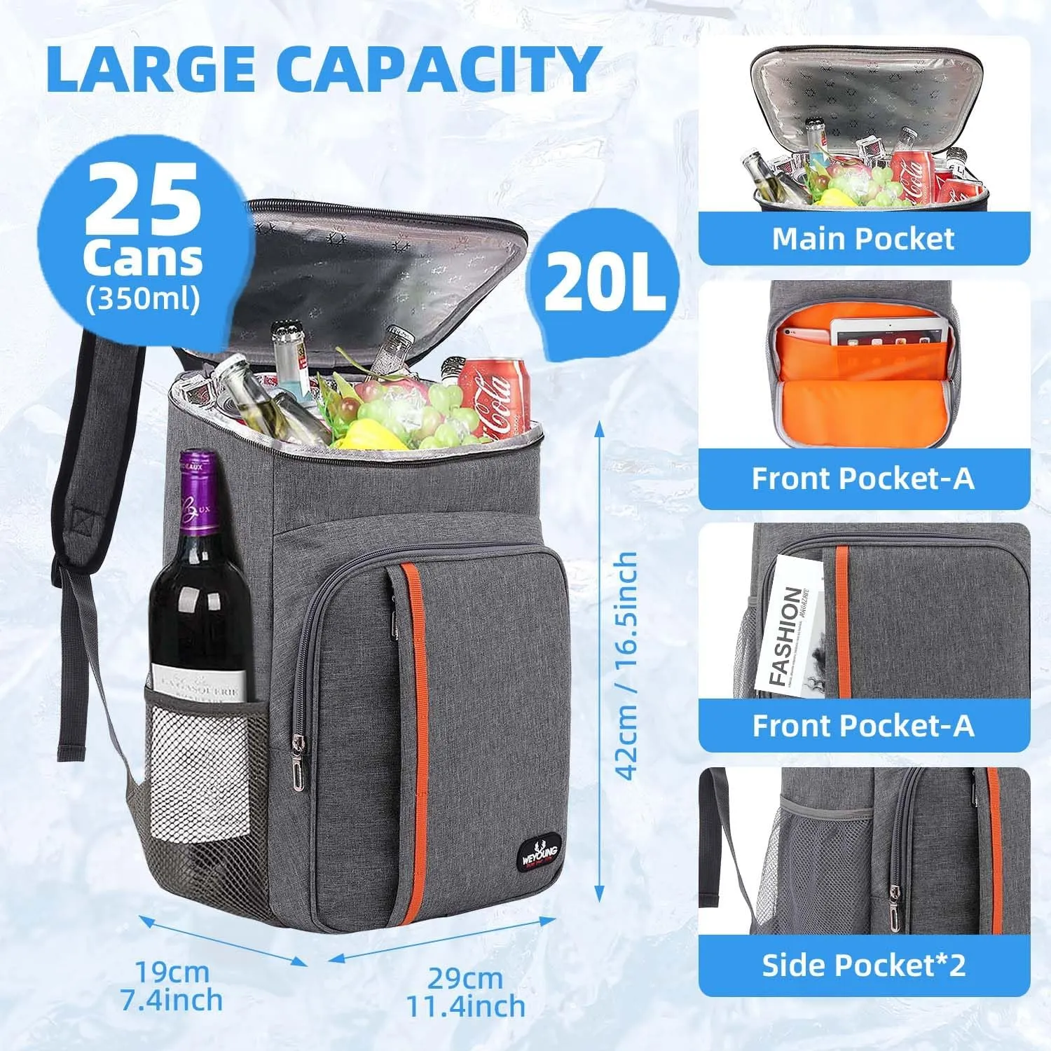 Camping Cooler Backpack 25 Cans, Leak Proof Insulated Thermal Bag, Beach Travel Picnic Lunch Backpack for Men Women