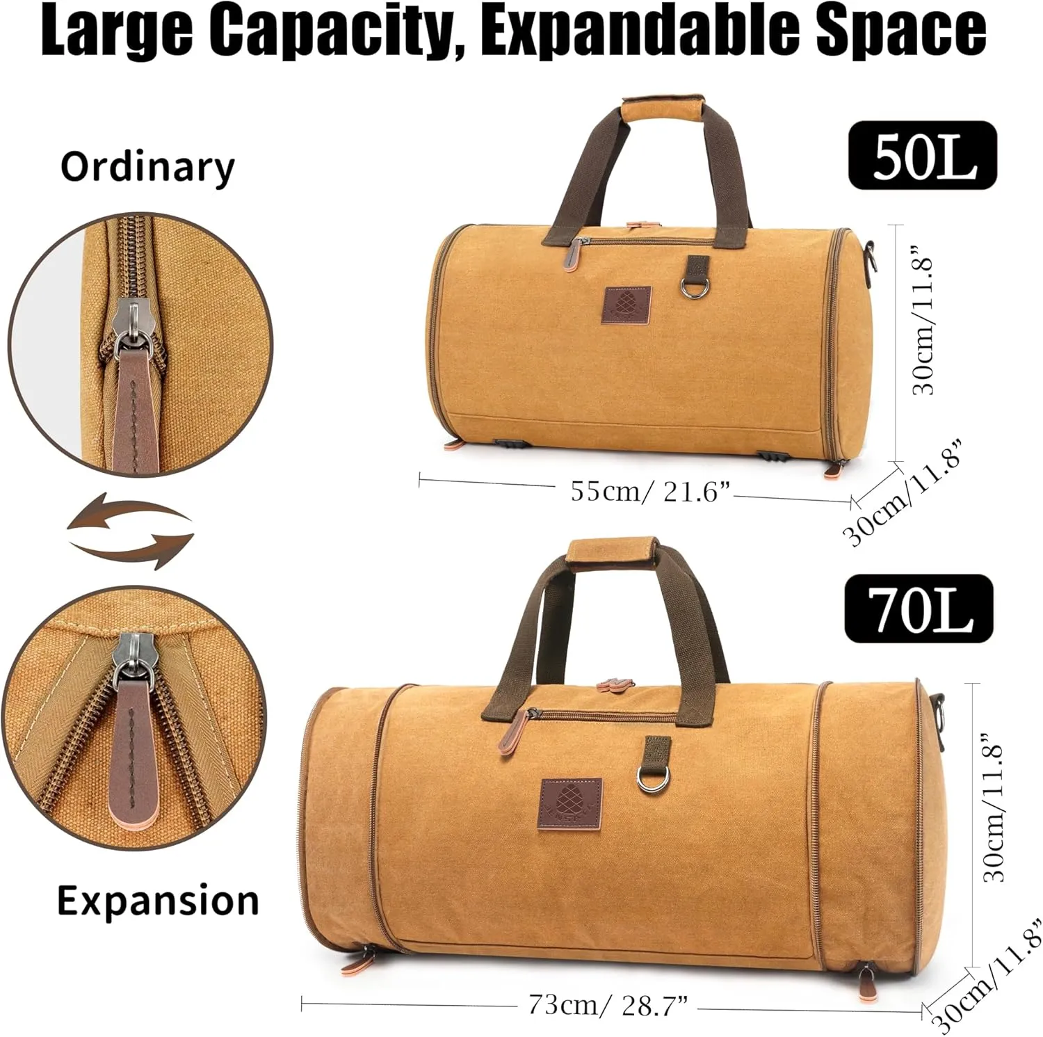 Canvas Duffle Bag for Men - 50L-70L Large Weekender Overnight Expandable Carry On Bag