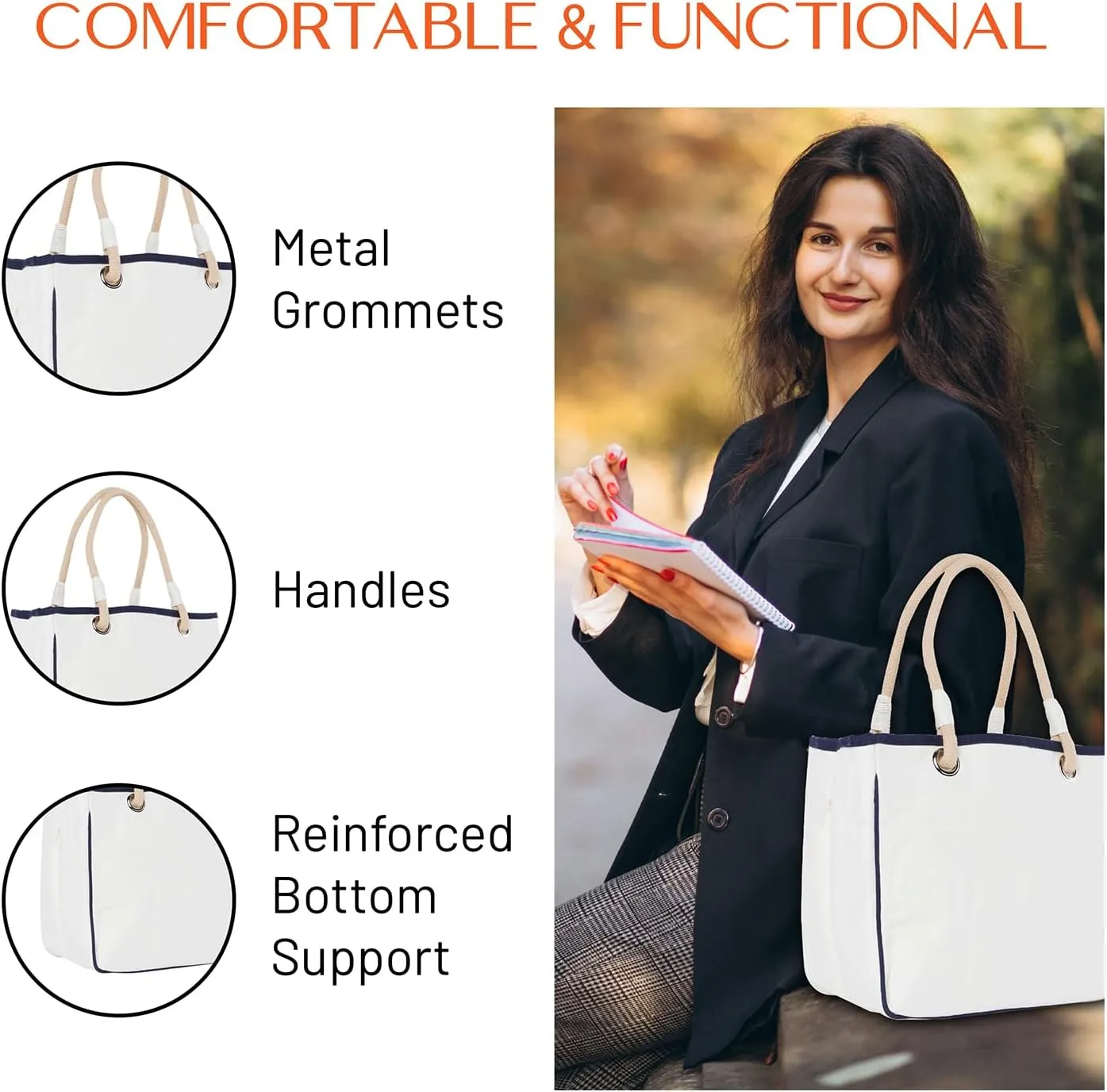 Canvas Rope Handle Tote Bag For Women - Metal Grommets - Perfect For Traveling, Groceries