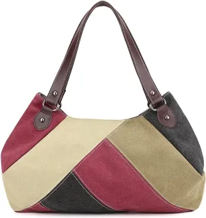 Canvas Shoulder Handbag Fashion Vintage Large Capacity Tote Bag Patchwork Color-Blocked Underarm Purse