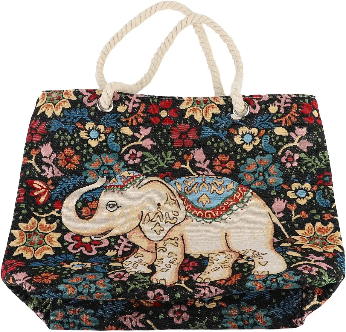 Canvas Tote Bag for Women, Floral Elephant Pattern Grocery Bag Shopping Bag With Inner Pocket For Travel Work Beach