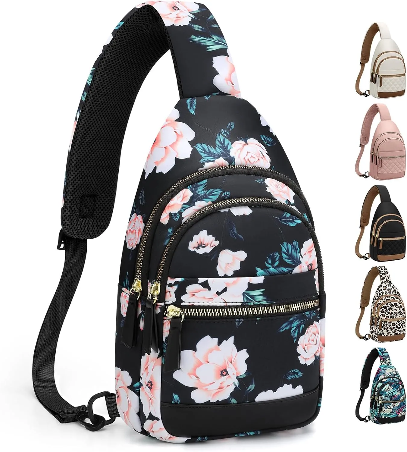 Capolo Sling Bag for Women Men Waterproof Crossbody Bags for Women Trendy Casual Fanny Pack with Convertible Shoulder Strap Chest Bag for Travel Hiking(Black Flower, Medium)