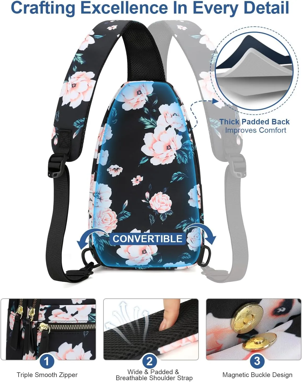 Capolo Sling Bag for Women Men Waterproof Crossbody Bags for Women Trendy Casual Fanny Pack with Convertible Shoulder Strap Chest Bag for Travel Hiking(Black Flower, Medium)