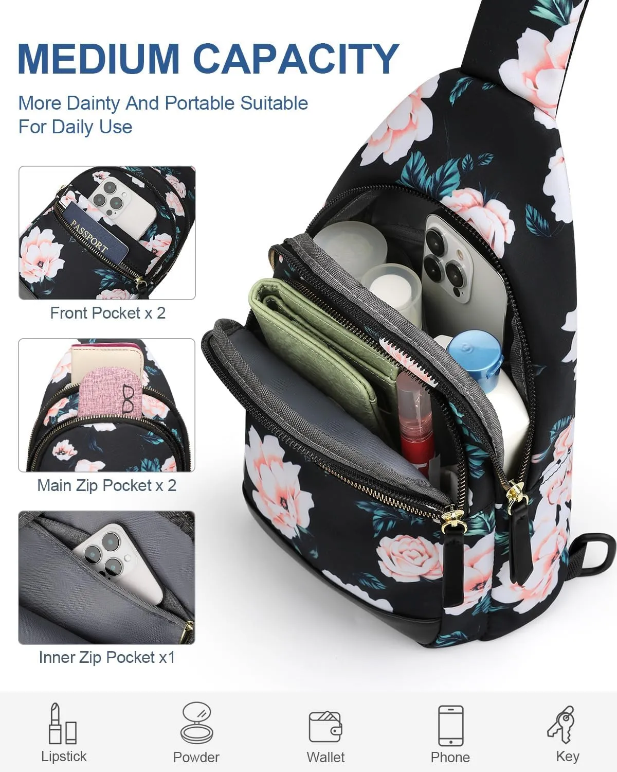 Capolo Sling Bag for Women Men Waterproof Crossbody Bags for Women Trendy Casual Fanny Pack with Convertible Shoulder Strap Chest Bag for Travel Hiking(Black Flower, Medium)