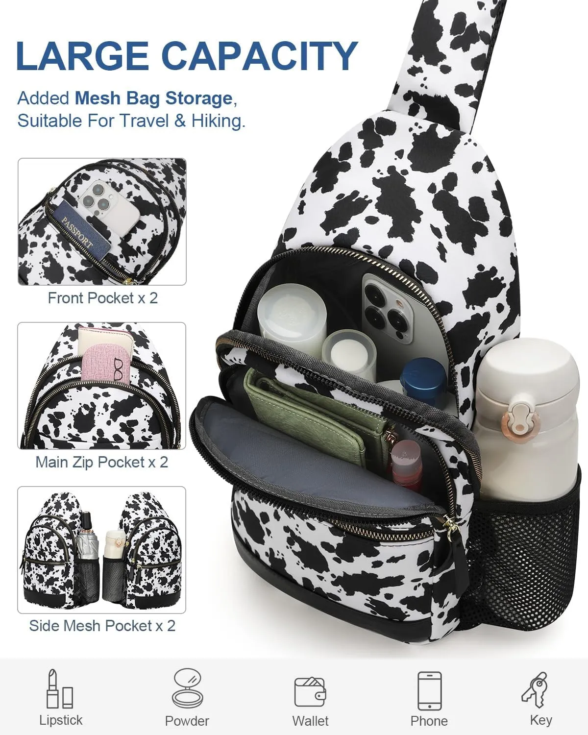 Capolo Sling Bag for Women Men Waterproof Crossbody Bags for Women Trendy Casual Fanny Pack with Convertible Shoulder Strap Chest Bag for Travel Hiking(Cow Print, Large)