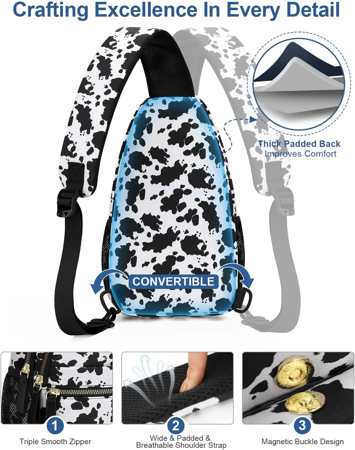 Capolo Sling Bag for Women Men Waterproof Crossbody Bags for Women Trendy Casual Fanny Pack with Convertible Shoulder Strap Chest Bag for Travel Hiking(Cow Print, Large)