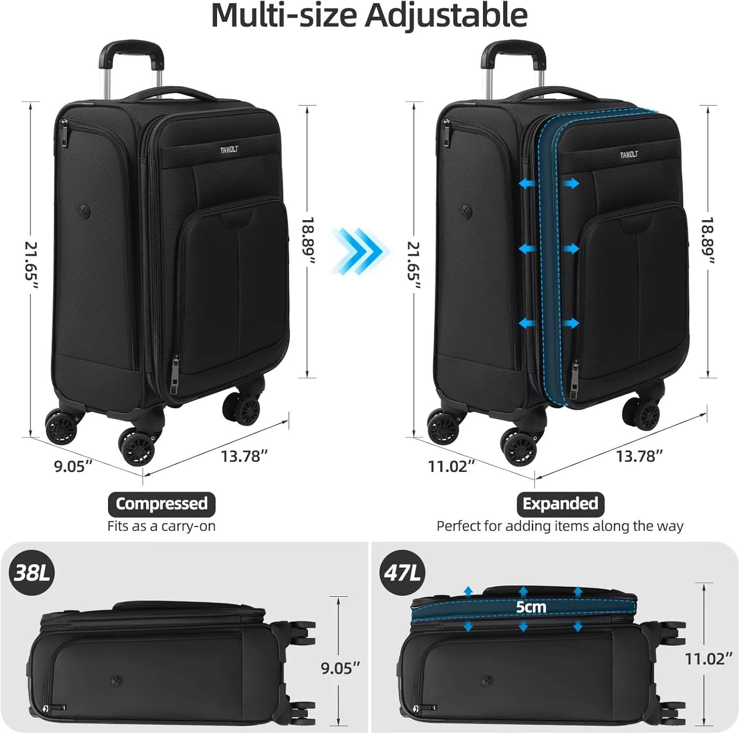 Carry on Luggage with Spinner Wheels 20-Inch,Lightweight Expandable Luggage Set Carry-on Suitcase with Wheels &carry on Tote Bag,Women Men-Black