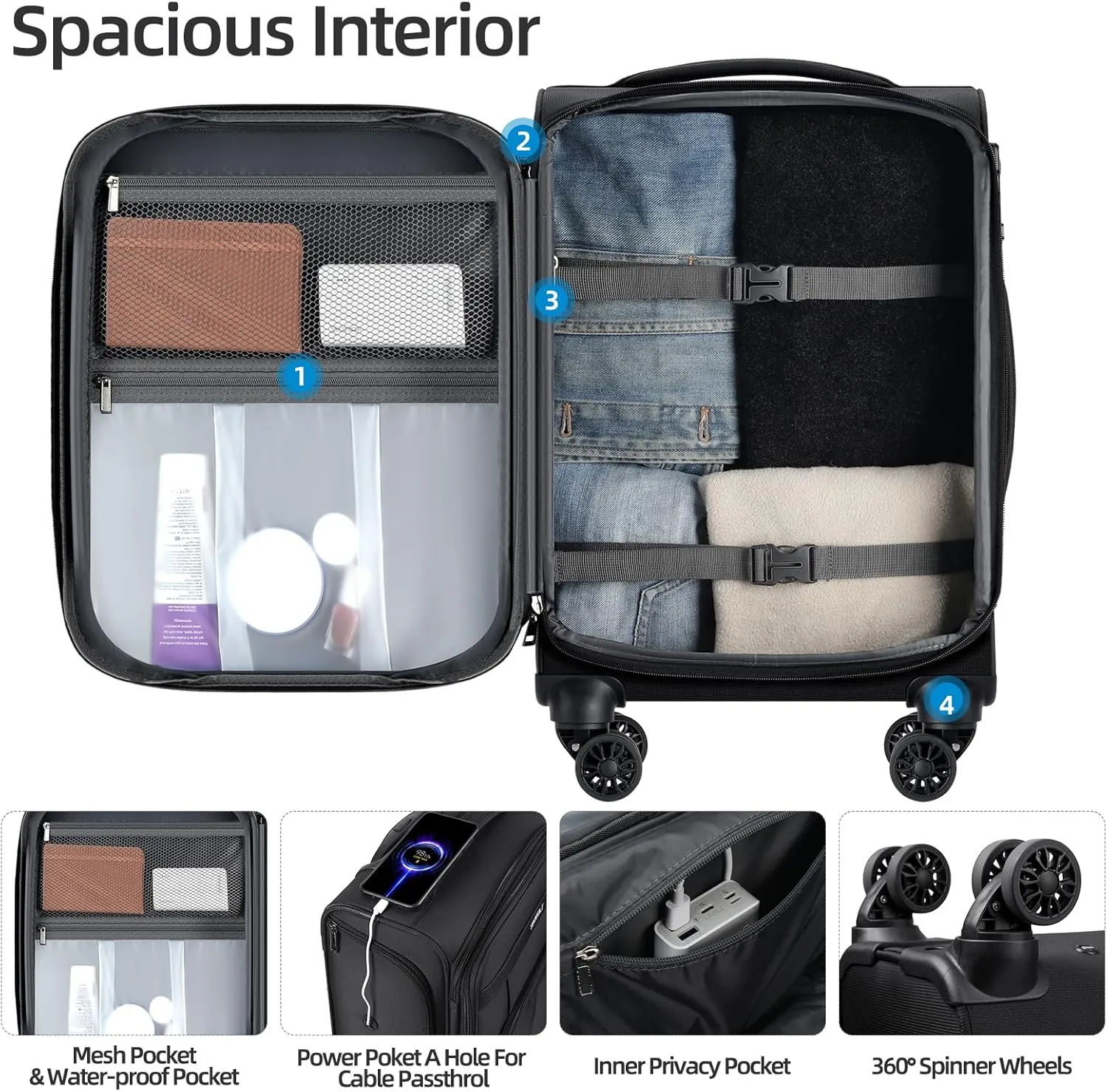 Carry on Luggage with Spinner Wheels 20-Inch,Lightweight Expandable Luggage Set Carry-on Suitcase with Wheels &carry on Tote Bag,Women Men-Black