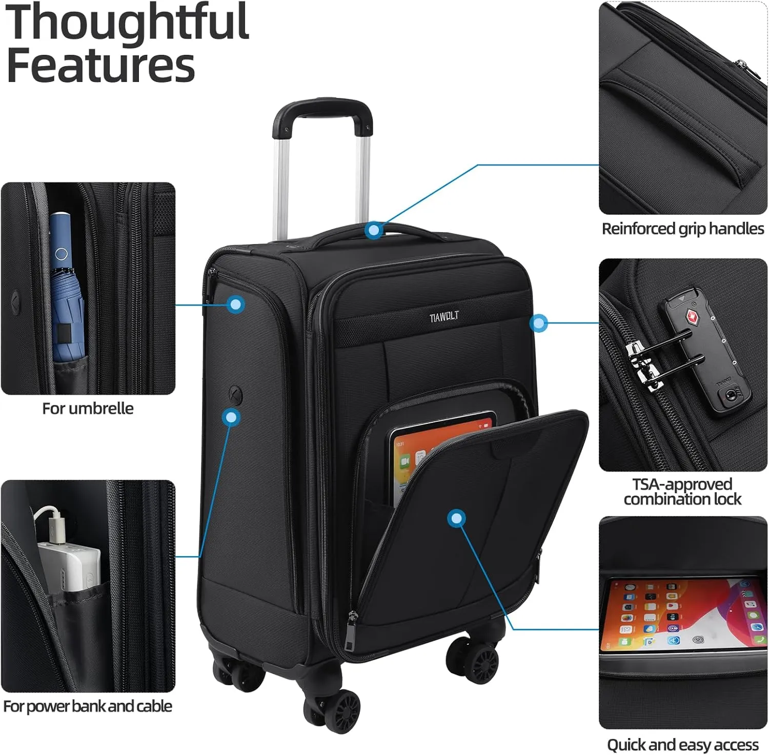 Carry on Luggage with Spinner Wheels 20-Inch,Lightweight Expandable Luggage Set Carry-on Suitcase with Wheels &carry on Tote Bag,Women Men-Black