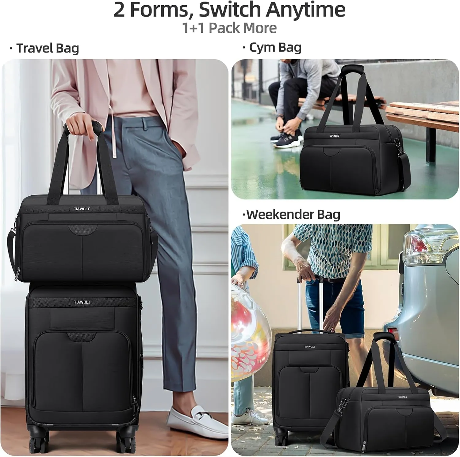 Carry on Luggage with Spinner Wheels 20-Inch,Lightweight Expandable Luggage Set Carry-on Suitcase with Wheels &carry on Tote Bag,Women Men-Black