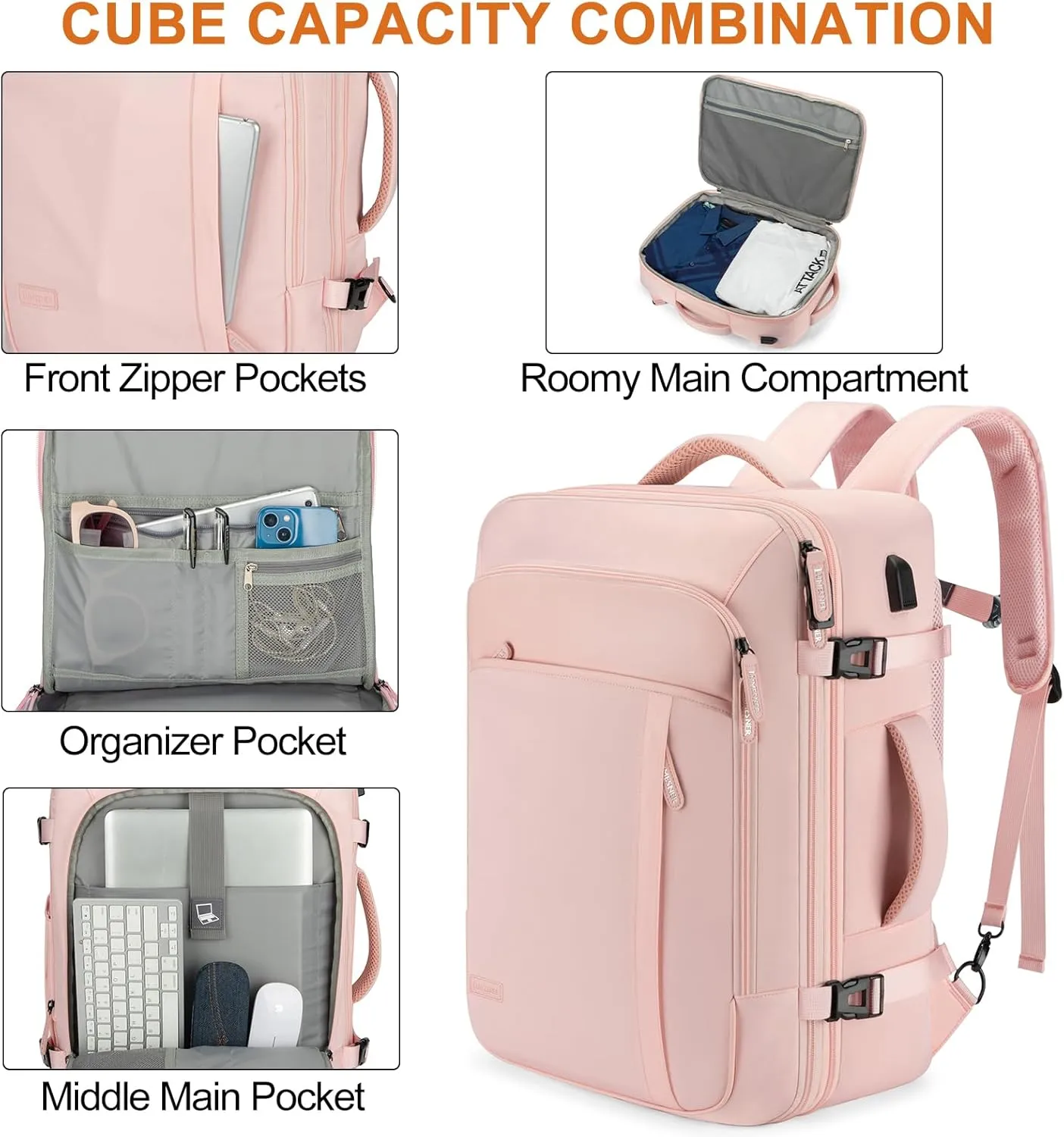 Carry on Travel Backpacks, Extra Large 40L Flight Approved for Men & Women,Expandable Suitcase With 4 Packing Cubes,Water Resistant Luggage Daypack Business Weekender Bag,Pink