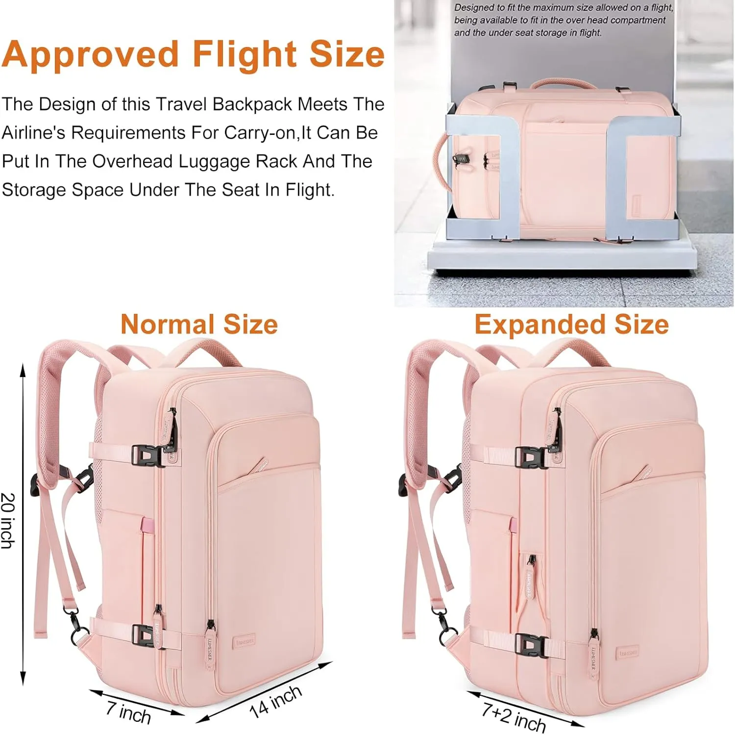 Carry on Travel Backpacks, Extra Large 40L Flight Approved for Men & Women,Expandable Suitcase With 4 Packing Cubes,Water Resistant Luggage Daypack Business Weekender Bag,Pink