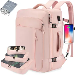 Carry on Travel Backpacks, Extra Large 40L Flight Approved for Men & Women,Expandable Suitcase With 4 Packing Cubes,Water Resistant Luggage Daypack Business Weekender Bag,Pink