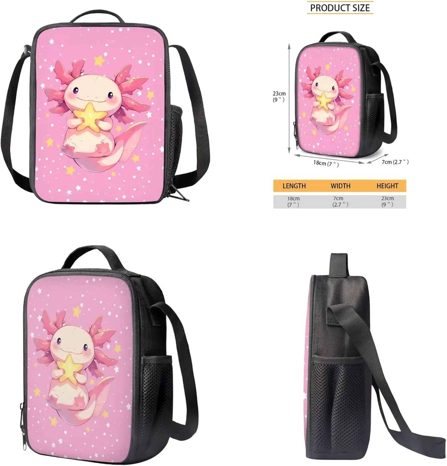 Cartoon Axolotl Toddler Backpack and Lunch Box Set with Cute Pencil Case Keychain 4 Piece School Backpack for Girls 9-10 Bookbag for High School Wear Resistant and Super Soft