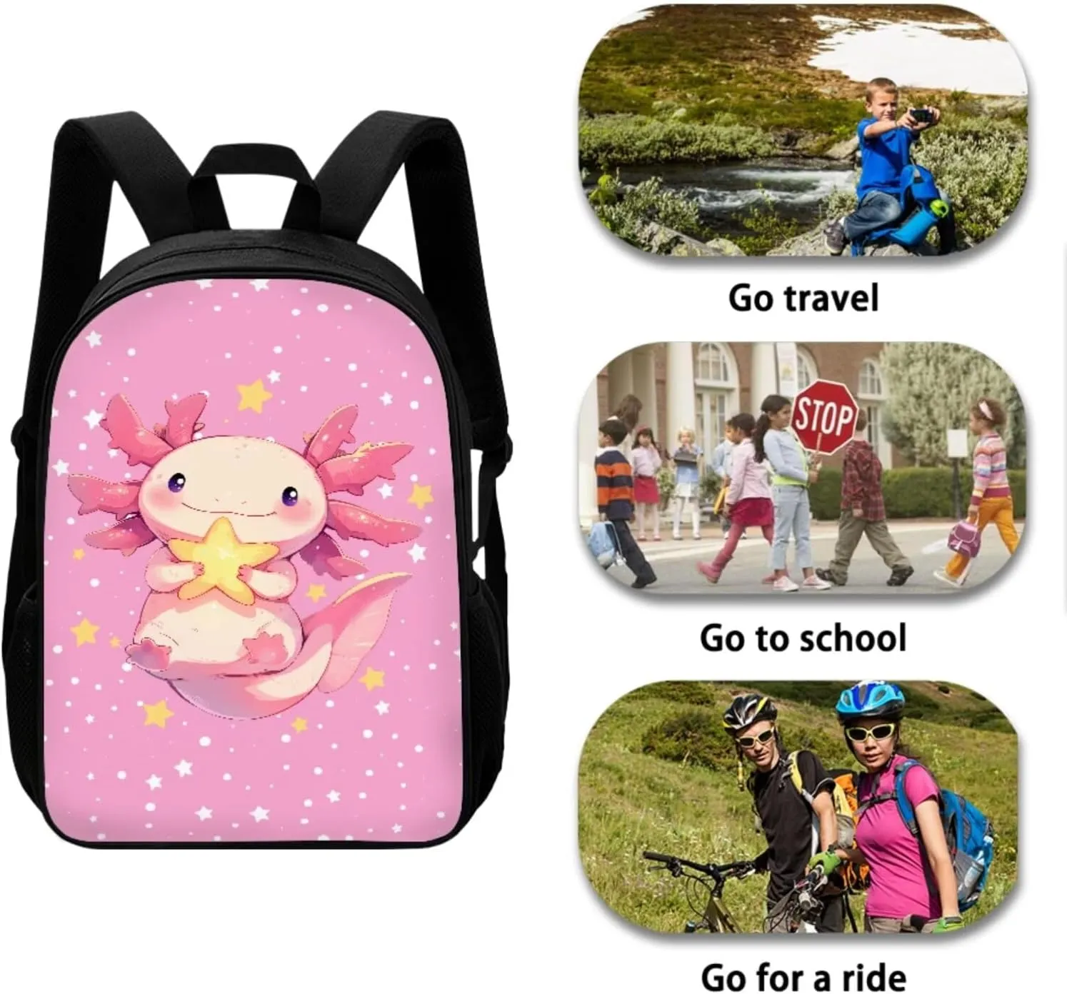 Cartoon Axolotl Toddler Backpack and Lunch Box Set with Cute Pencil Case Keychain 4 Piece School Backpack for Girls 9-10 Bookbag for High School Wear Resistant and Super Soft