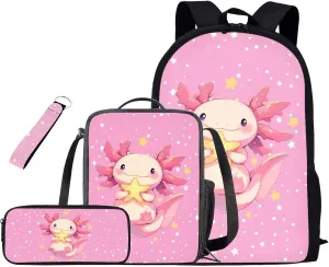 Cartoon Axolotl Toddler Backpack and Lunch Box Set with Cute Pencil Case Keychain 4 Piece School Backpack for Girls 9-10 Bookbag for High School Wear Resistant and Super Soft