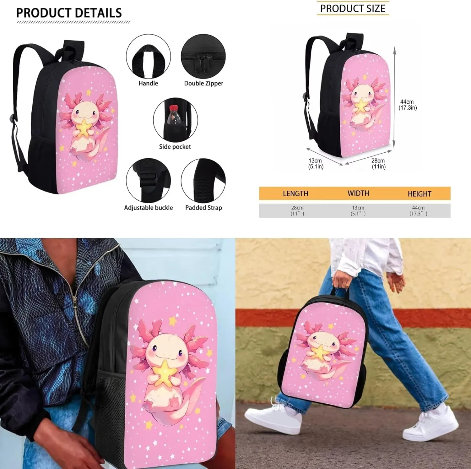 Cartoon Axolotl Toddler Backpack and Lunch Box Set with Cute Pencil Case Keychain 4 Piece School Backpack for Girls 9-10 Bookbag for High School Wear Resistant and Super Soft