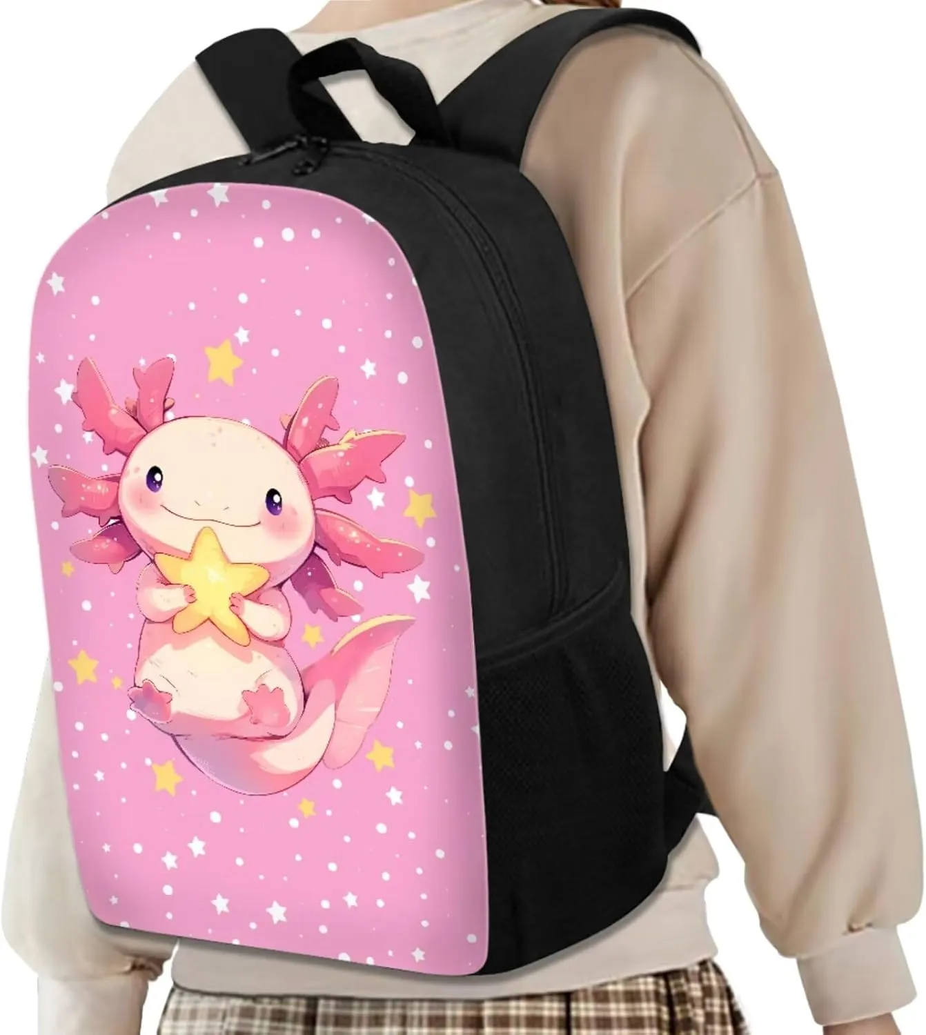 Cartoon Axolotl Toddler Backpack and Lunch Box Set with Cute Pencil Case Keychain 4 Piece School Backpack for Girls 9-10 Bookbag for High School Wear Resistant and Super Soft